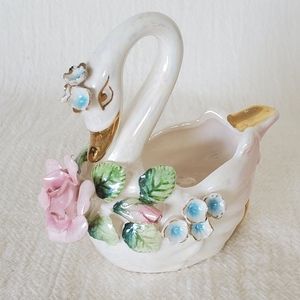 Grandma's Ashtray Vtg Japan Lusterware Porcelain Swan Ashtray Roses Gold Trim